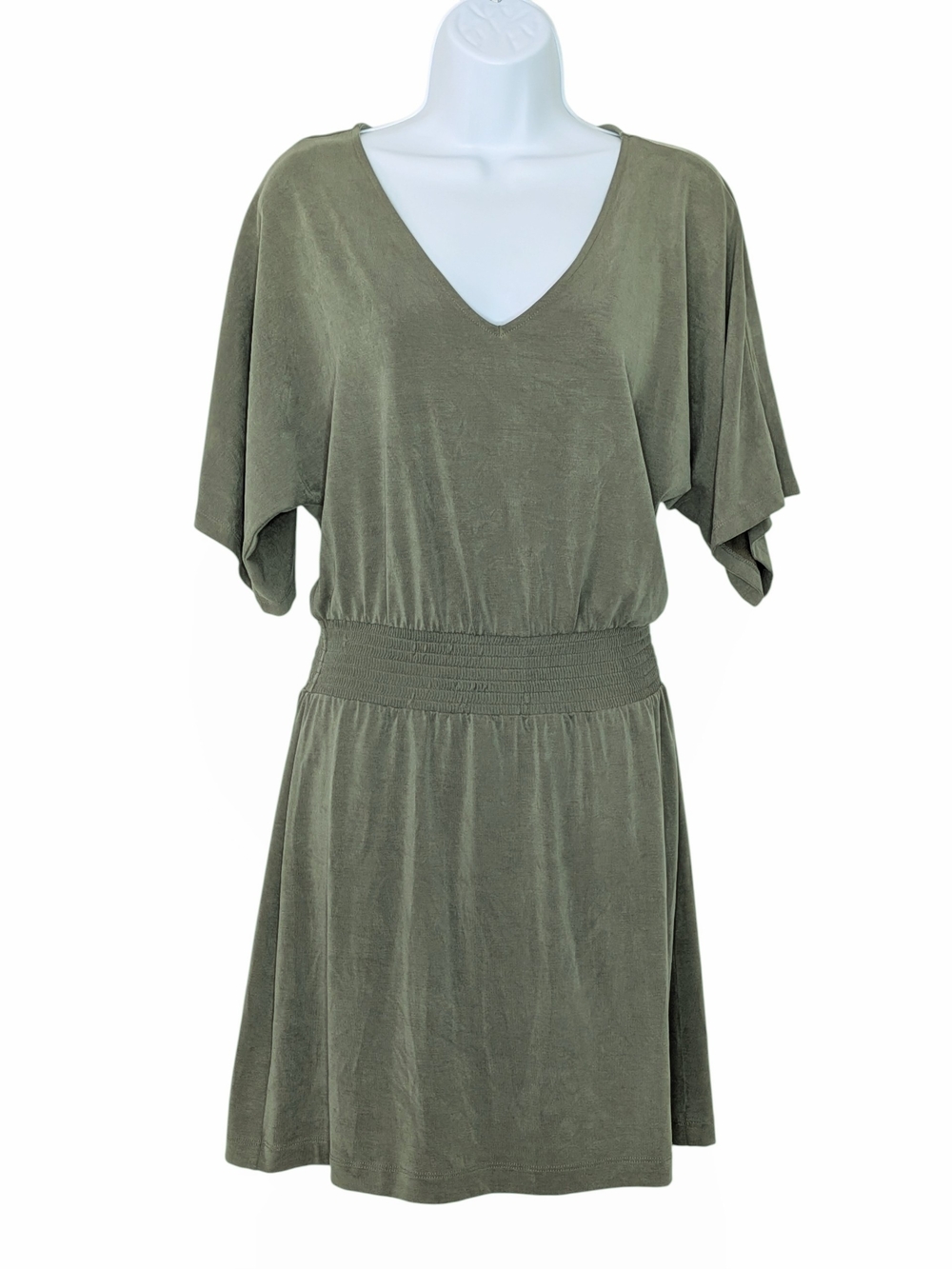 White House Black Market Sage Green Vneck Smocked Elastic Waist Mini Dress